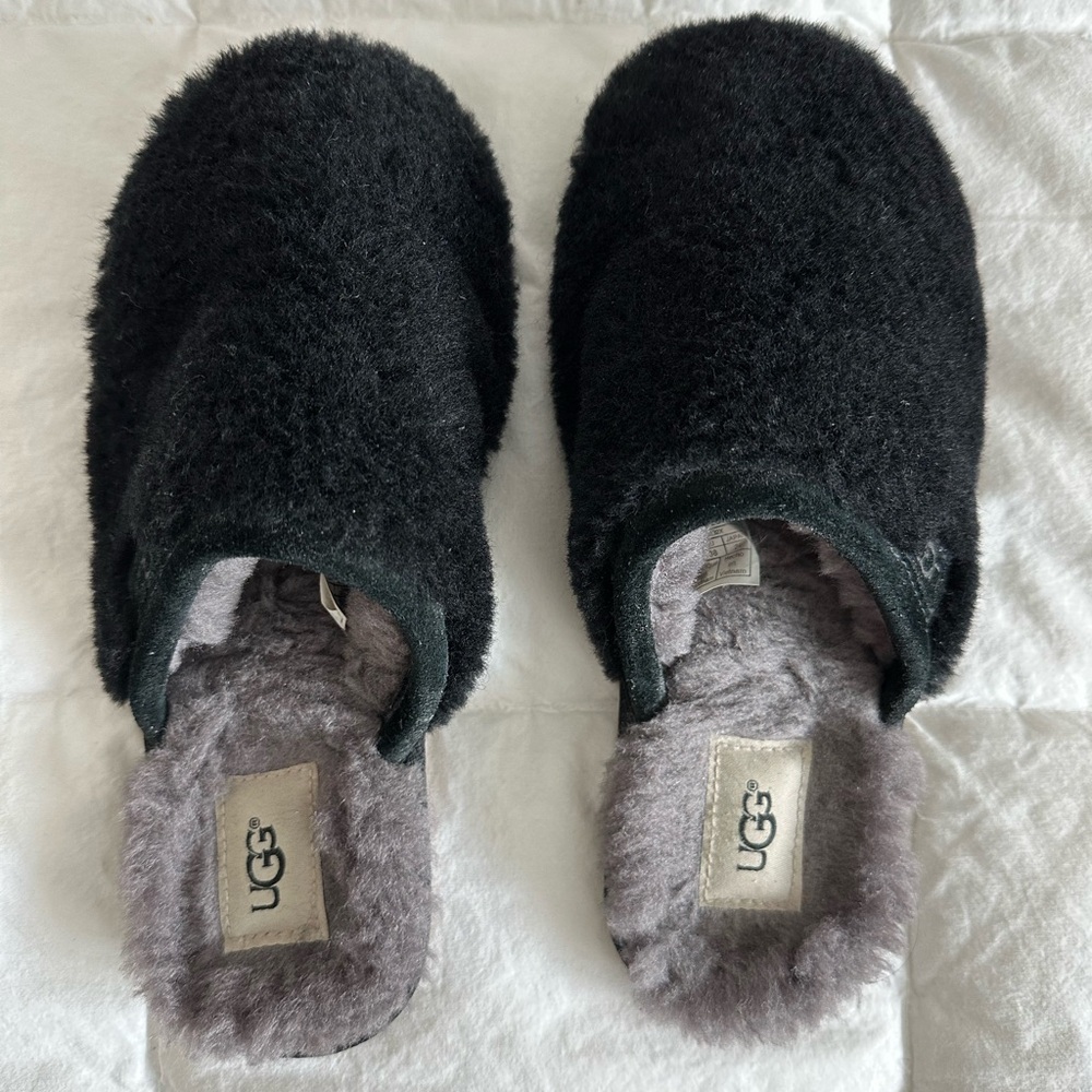 UGG Black Fuzzy Slippers